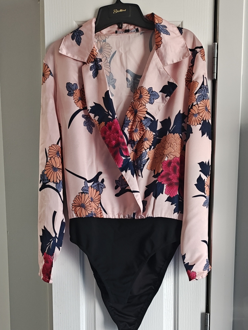Parisian Works Pink Floral Satin Blazer Bodysuit